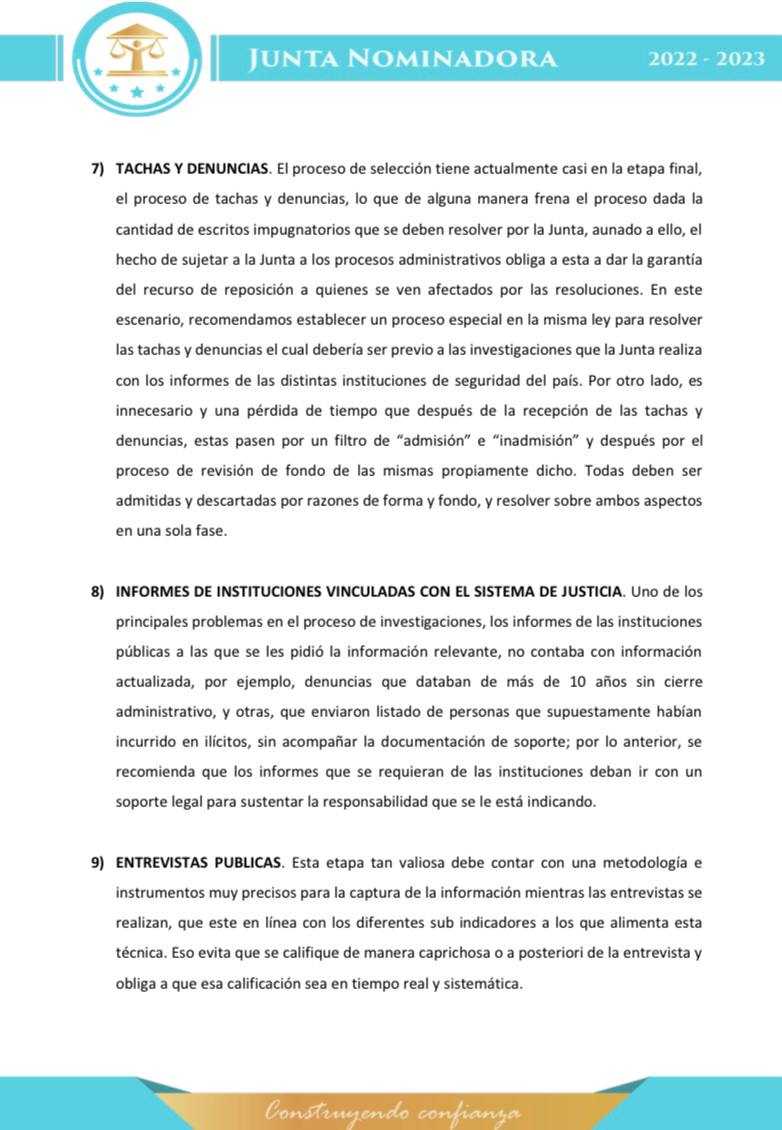 Recomendaciones finales de la Junta Nominadora 